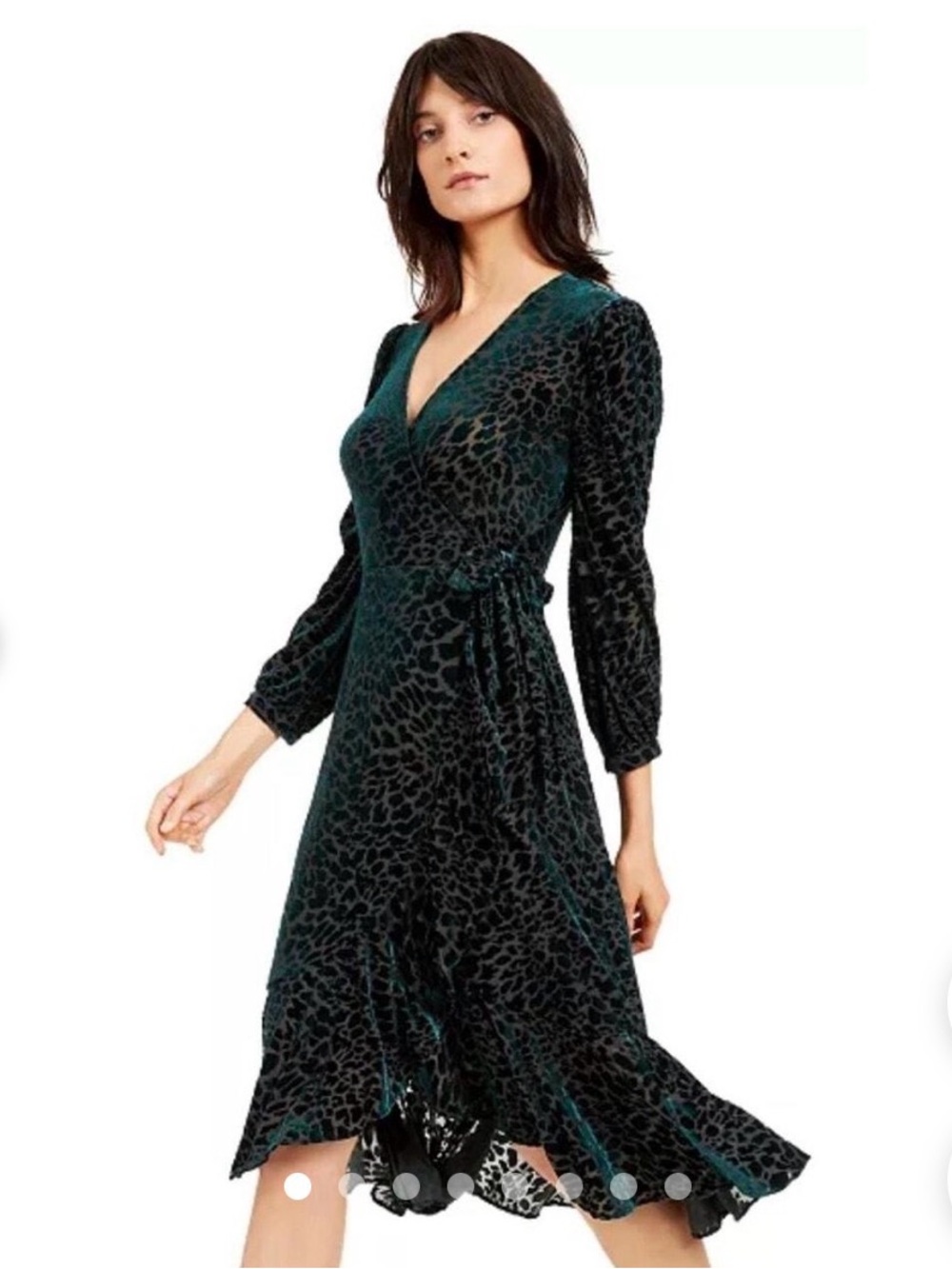 Calvin Klein Dark Green Velvet Leopard-Print Wrap Dress